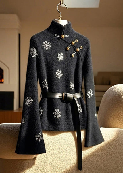 Nouveau haut en coton imprimé à col montant noir et manches évasées TY006