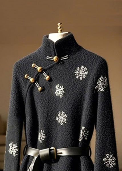 Nouveau haut en coton imprimé à col montant noir et manches évasées TY006