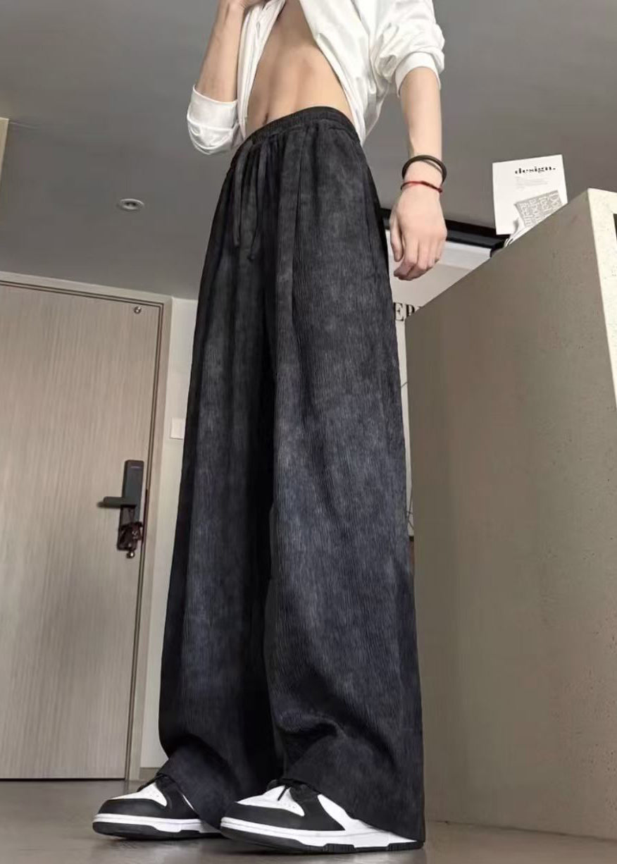 Elastic Men Dye Cotton Waist Black Summer Pants Tie New FashionChic