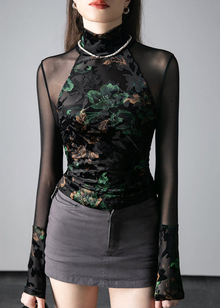 New Black Turtleneck Print Tulle Patchwork T Shirts Fall AL1042 Genistyle Shop