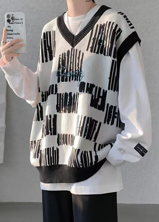New Black V Neck Cozy Patchwork Knit Mens Vest Sleeveless RJ030 ABC