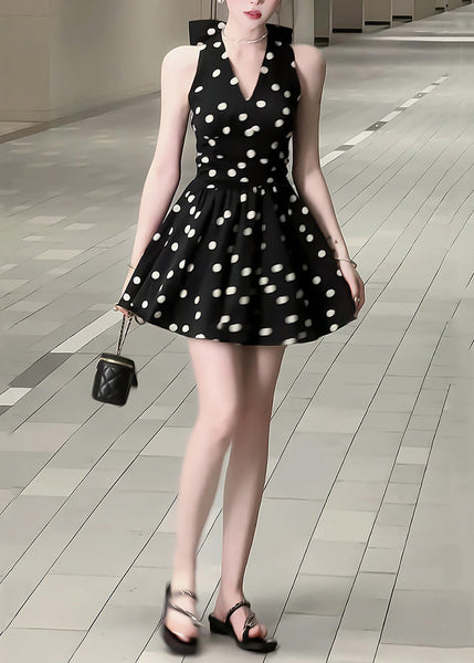 Neck Cotton Mid Dress Bow New Black Dot V Sleeveless FashionChic