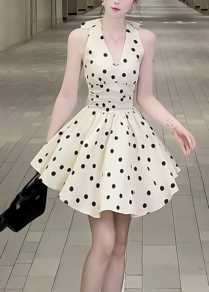 Neck Cotton Mid Dress Bow New Black Dot V Sleeveless FashionChic