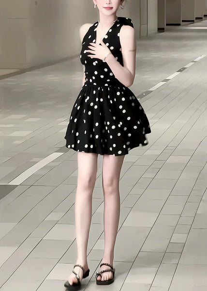 Neck Cotton Mid Dress Bow New Black Dot V Sleeveless FashionChic