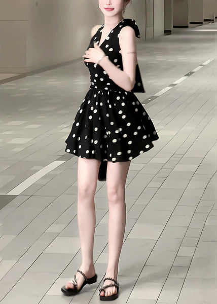 Neck Cotton Mid Dress Bow New Black Dot V Sleeveless FashionChic