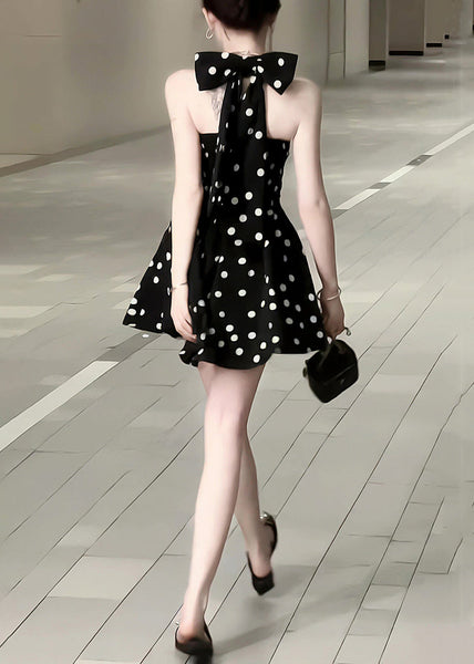 Neck Cotton Mid Dress Bow New Black Dot V Sleeveless FashionChic