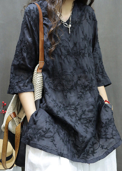 Linen New Dresses Neck Mid Embroidered Black Summer V FashionChic
