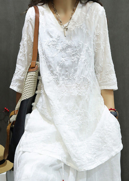 Linen New Dresses Neck Mid Embroidered Black Summer V FashionChic