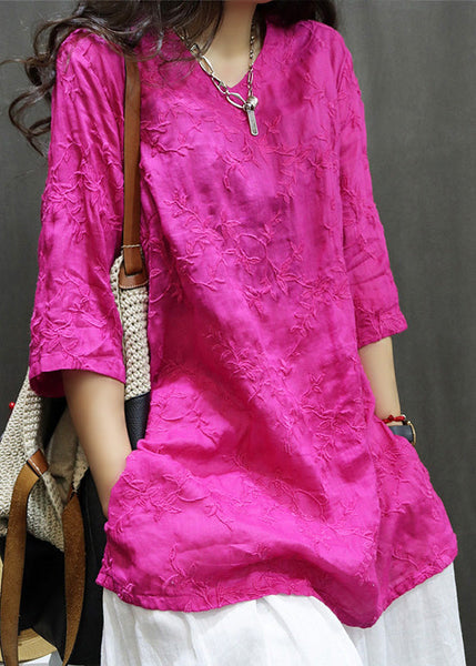 Linen New Dresses Neck Mid Embroidered Black Summer V FashionChic