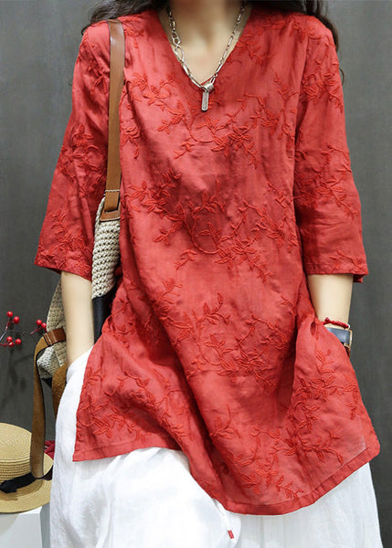 Linen New Dresses Neck Mid Embroidered Black Summer V FashionChic