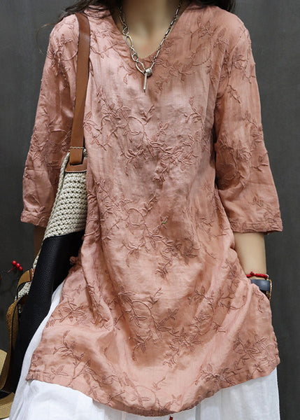 Linen New Dresses Neck Mid Embroidered Black Summer V FashionChic