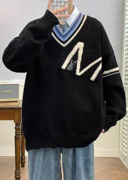 Black Knit Neck Spring Hole New Patchwork V Men Sweaters FashionChic