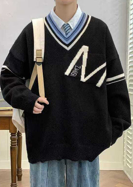 Black Knit Neck Spring Hole New Patchwork V Men Sweaters FashionChic