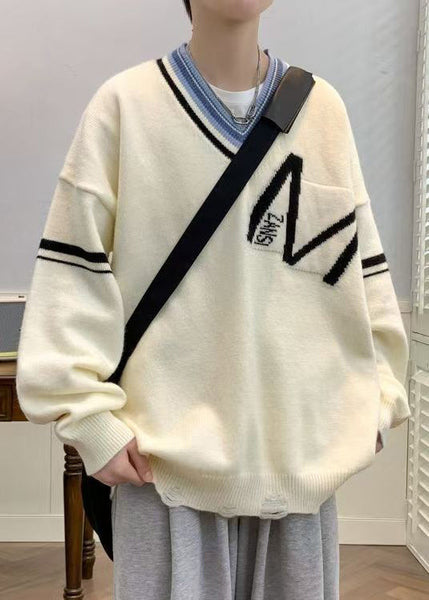 Black Knit Neck Spring Hole New Patchwork V Men Sweaters FashionChic