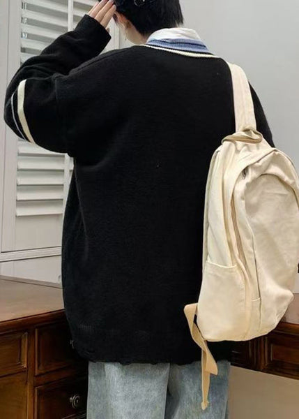 Black Knit Neck Spring Hole New Patchwork V Men Sweaters FashionChic