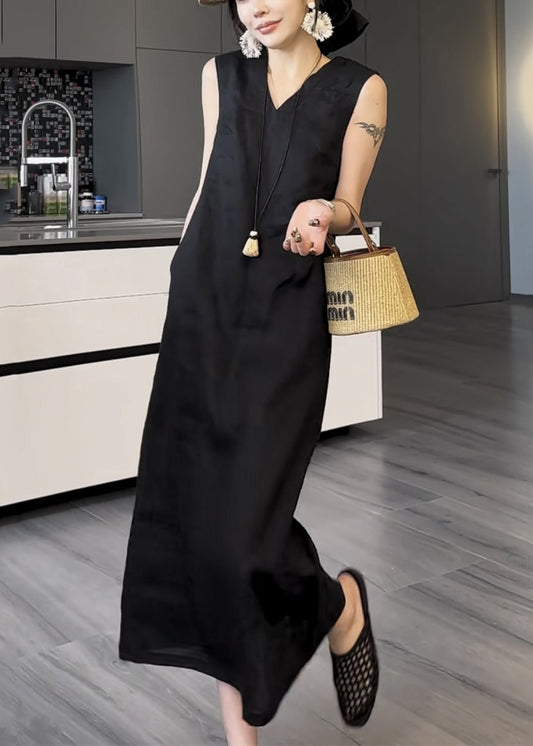 Long New Black Cotton Pockets Sleeveless Neck Dress V Solid FashionChic