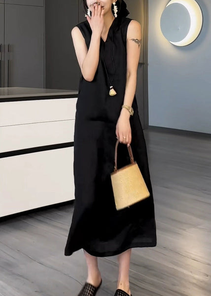 Long New Black Cotton Pockets Sleeveless Neck Dress V Solid FashionChic