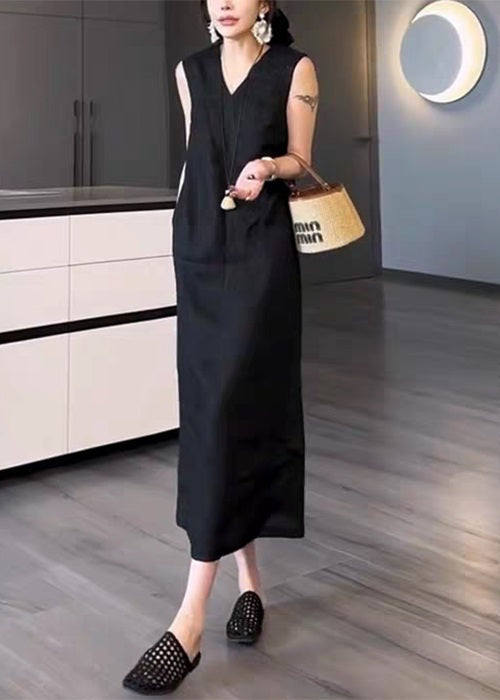 Long New Black Cotton Pockets Sleeveless Neck Dress V Solid FashionChic