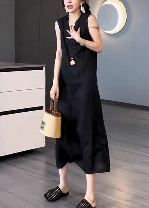 Long New Black Cotton Pockets Sleeveless Neck Dress V Solid FashionChic