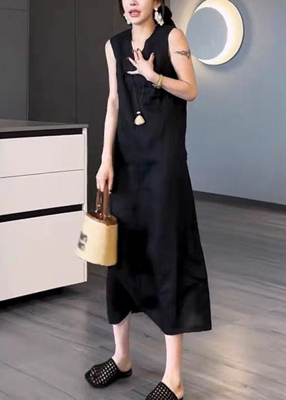Long New Black Cotton Pockets Sleeveless Neck Dress V Solid FashionChic
