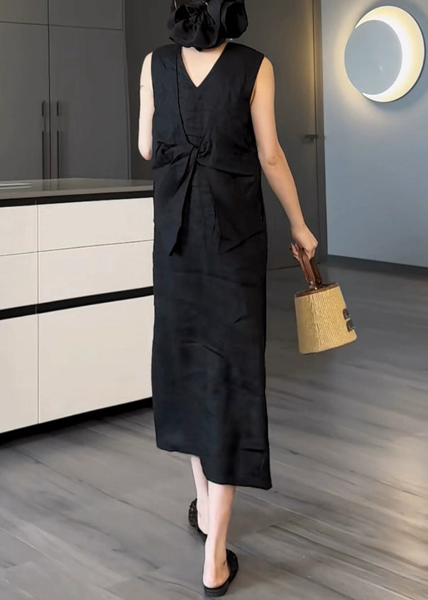 Long New Black Cotton Pockets Sleeveless Neck Dress V Solid FashionChic
