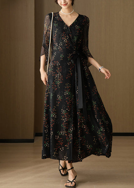 V Black New Chiffon Neck Sleeve Bracelet Dresses Print Long FashionChic