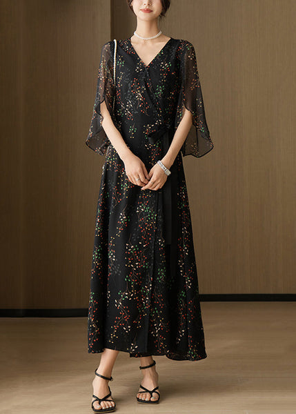 V Black New Chiffon Neck Sleeve Bracelet Dresses Print Long FashionChic