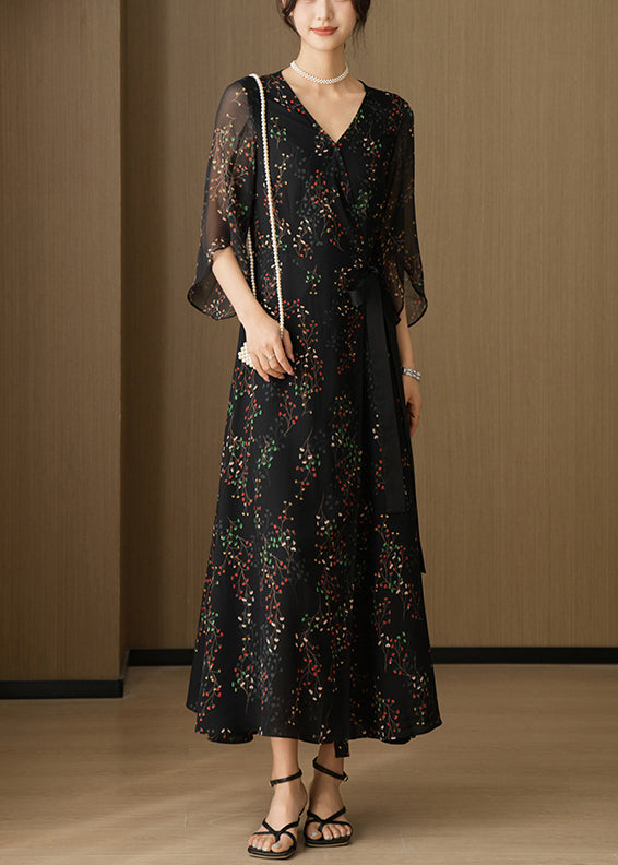 V Black New Chiffon Neck Sleeve Bracelet Dresses Print Long FashionChic