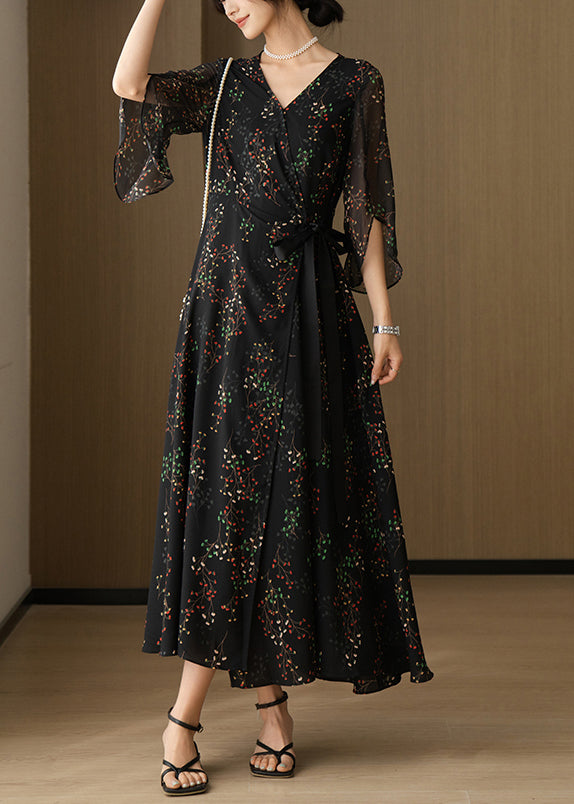 V Black New Chiffon Neck Sleeve Bracelet Dresses Print Long FashionChic