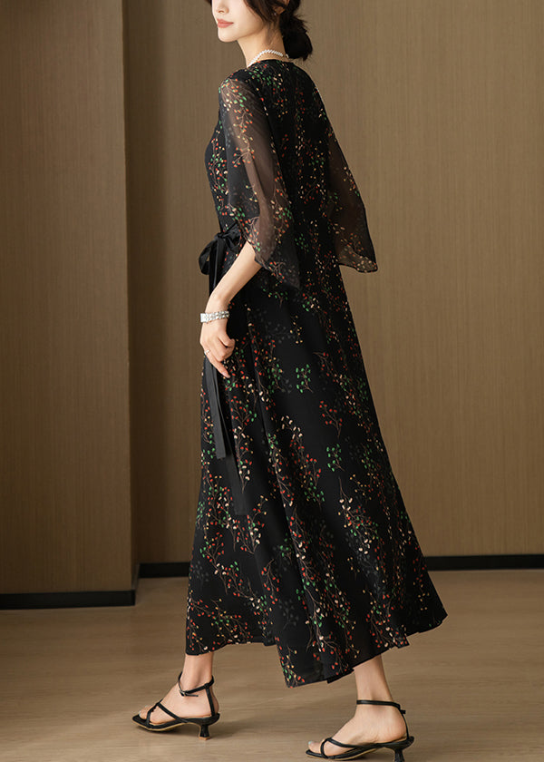 V Black New Chiffon Neck Sleeve Bracelet Dresses Print Long FashionChic