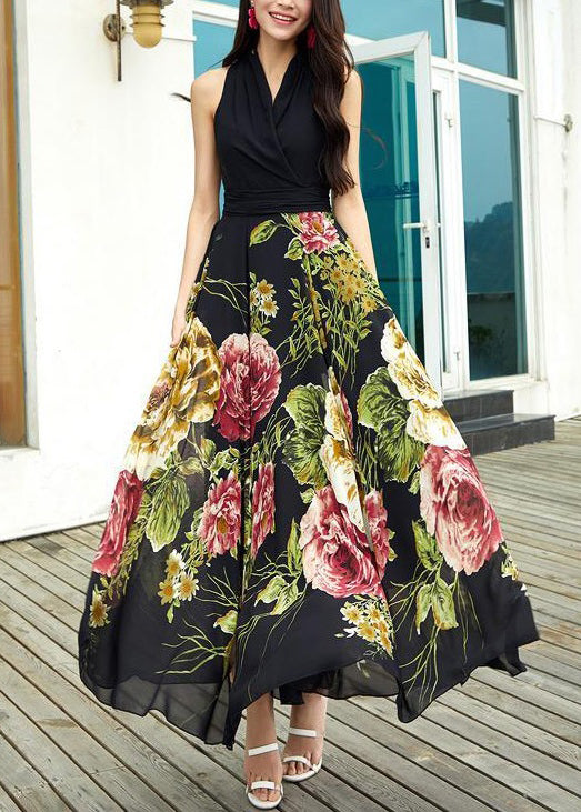 New Black V Neck Print Chiffon Long Dresses Sleeveless Ada Fashion