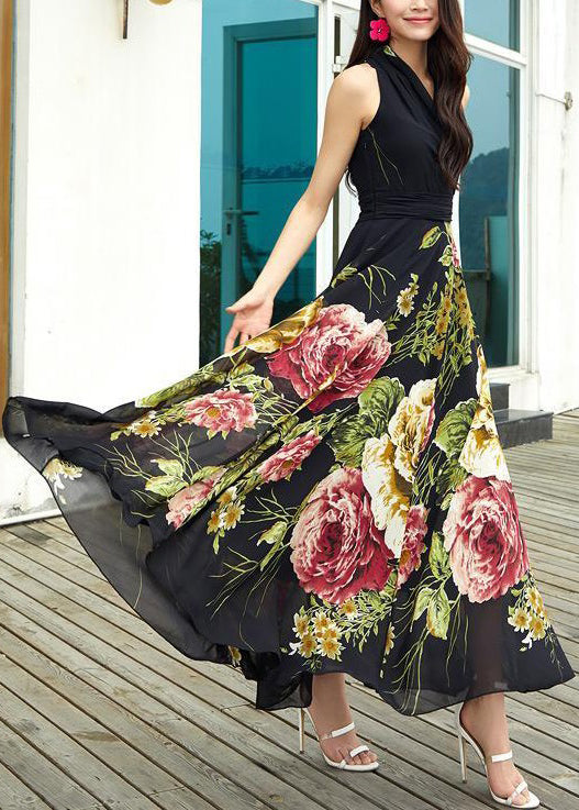 New Black V Neck Print Chiffon Long Dresses Sleeveless Ada Fashion