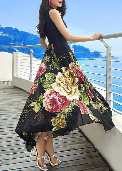 New Black V Neck Print Chiffon Long Dresses Sleeveless Ada Fashion