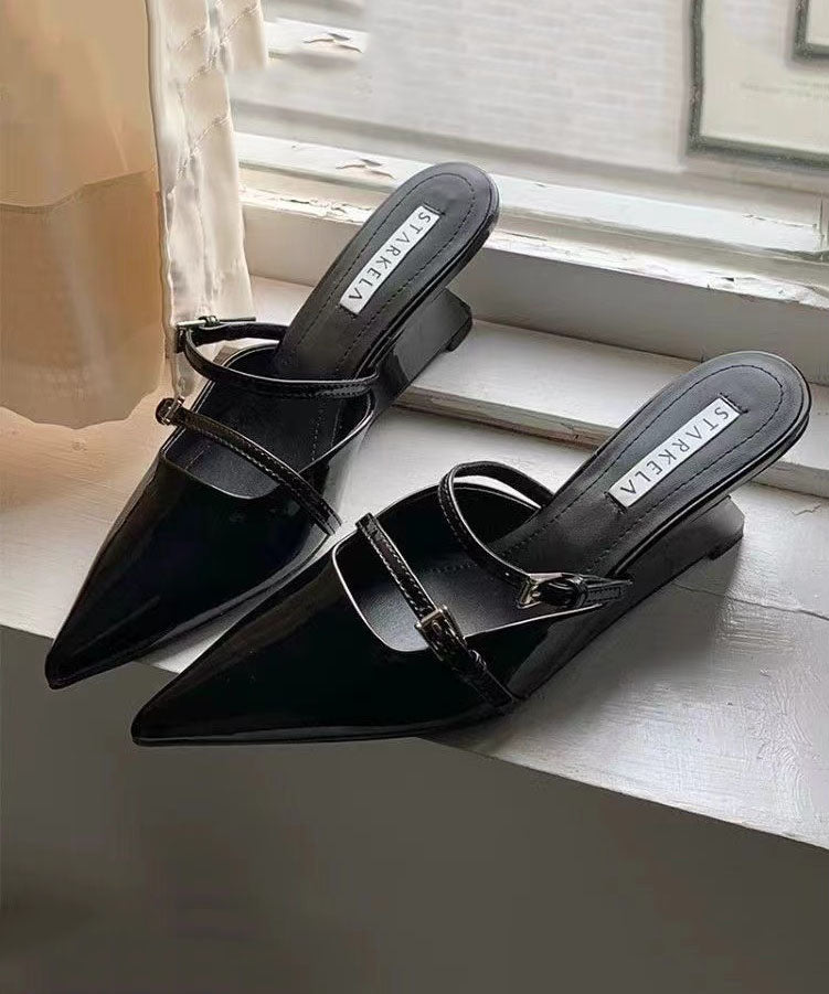 New Black Wedge Heel Pointed Toe Slide Sandals JJ002 Shoe-LT240609