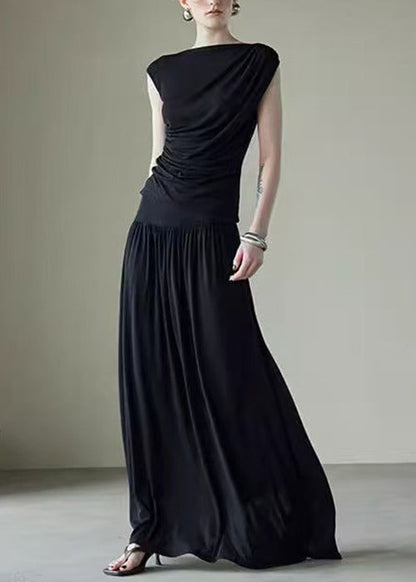 Solid Silk Black New Piece Two Sleeveless Set Cotton Wrinkled FashionChic