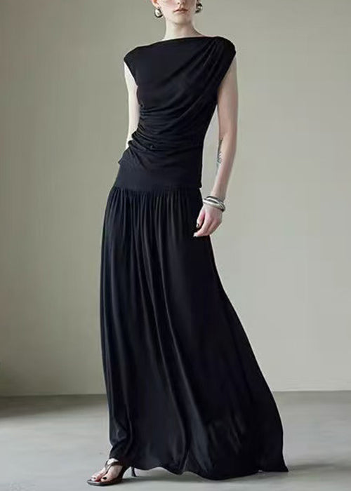 Solid Silk Black New Piece Two Sleeveless Set Cotton Wrinkled FashionChic