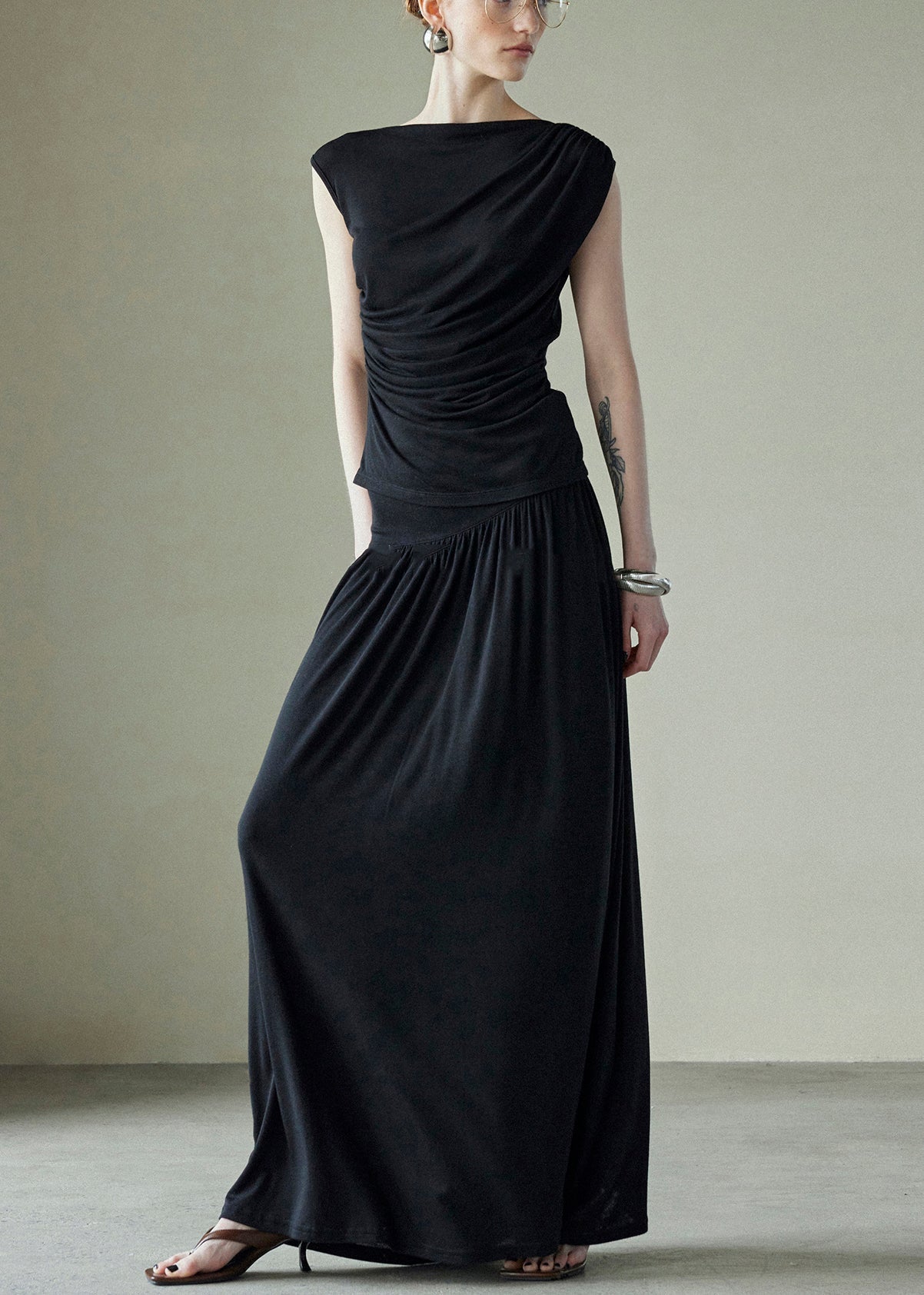 Solid Silk Black New Piece Two Sleeveless Set Cotton Wrinkled FashionChic