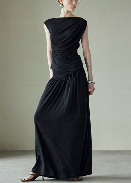 Solid Silk Black New Piece Two Sleeveless Set Cotton Wrinkled FashionChic