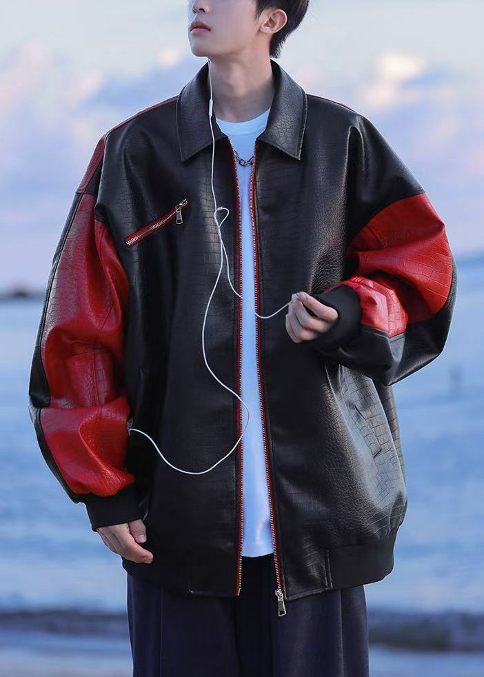 New Black Zip Up Letter Faux Leather Patchwork Mens Coats Spring RN027 ABC