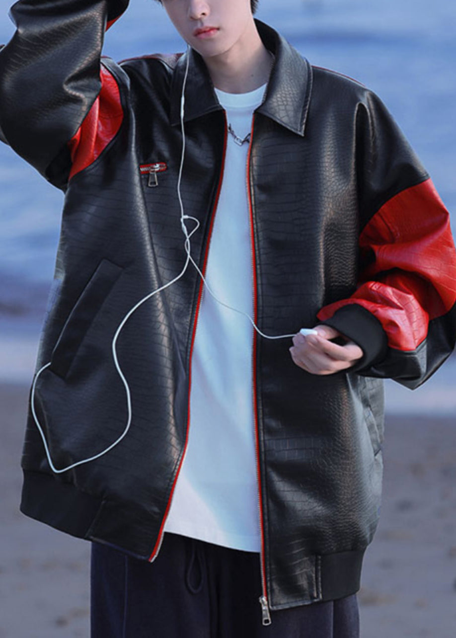 New Black Zip Up Letter Faux Leather Patchwork Mens Coats Spring RN027 ABC