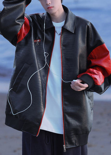 New Black Zip Up Letter Faux Leather Patchwork Mens Coats Spring RN027 ABC