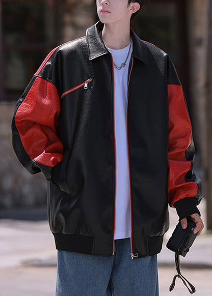 New Black Zip Up Letter Faux Leather Patchwork Mens Coats Spring RN027 ABC