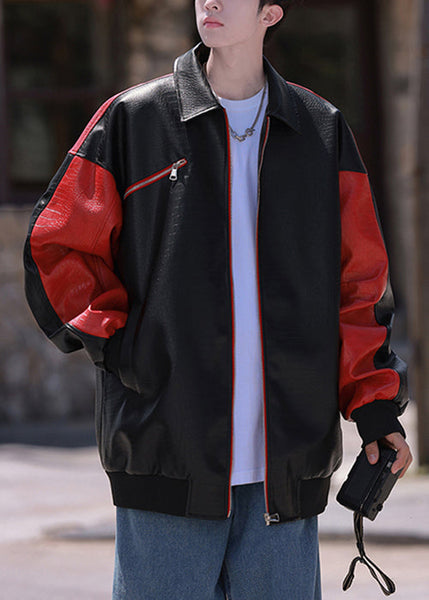 New Black Zip Up Letter Faux Leather Patchwork Mens Coats Spring RN027 ABC