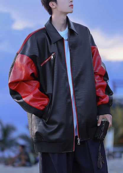 New Black Zip Up Letter Faux Leather Patchwork Mens Coats Spring RN027 ABC