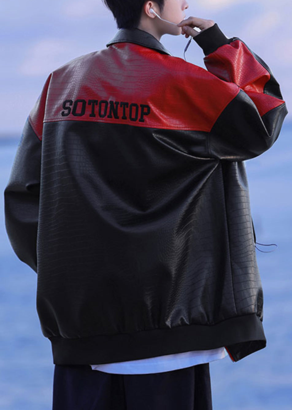 New Black Zip Up Letter Faux Leather Patchwork Mens Coats Spring RN027 ABC