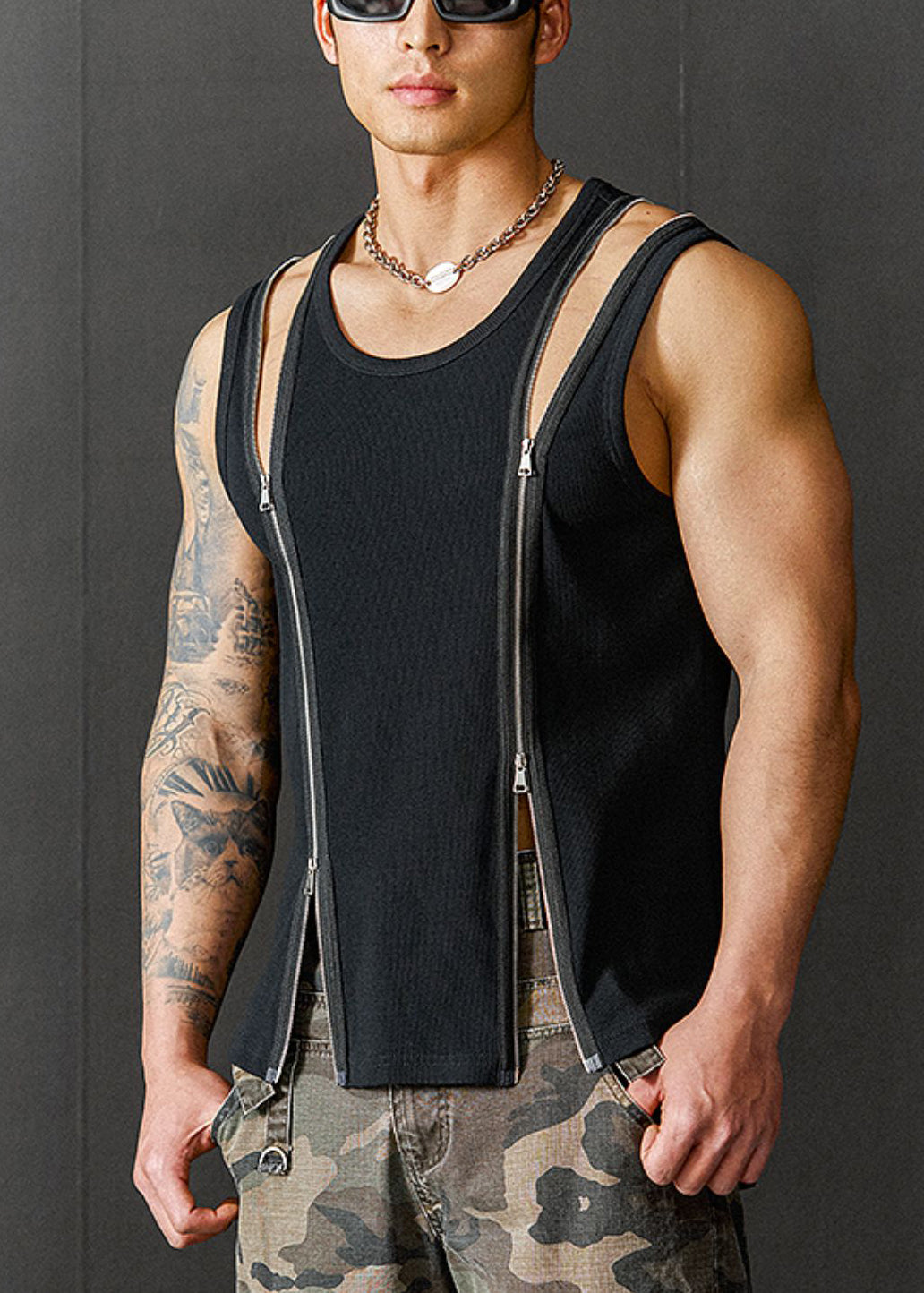 Cotton Up Men Design Original Zip New Tank Summer Black FashionChic