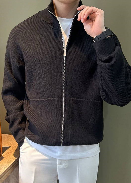 Mens Knit Coats Spring Pockets Up New Black Zip FashionChic