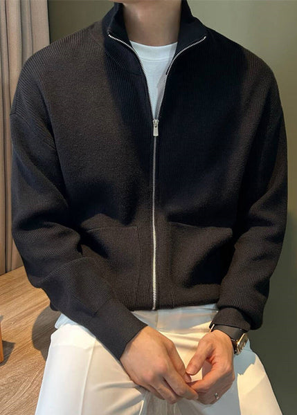 Mens Knit Coats Spring Pockets Up New Black Zip FashionChic