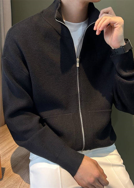 Mens Knit Coats Spring Pockets Up New Black Zip FashionChic