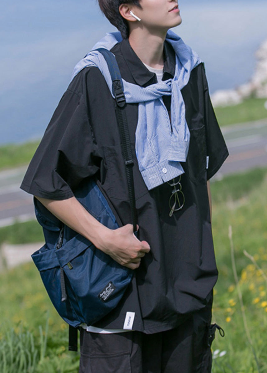 Pockets Black Zip Solid Shirt Men Polo Cotton New Summer Up FashionChic